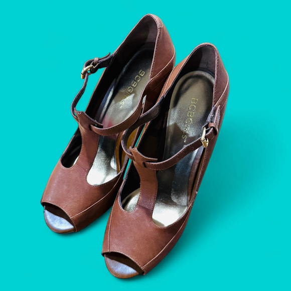 BCBGirls Vintage Sheep Cognac Brown T-Strap Peep-toe Mary Jane Chunky Heels 9 - Picture 6 of 8